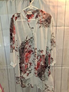 Orage Sheer Floral Button-Front Blouse in White, Red, Gray